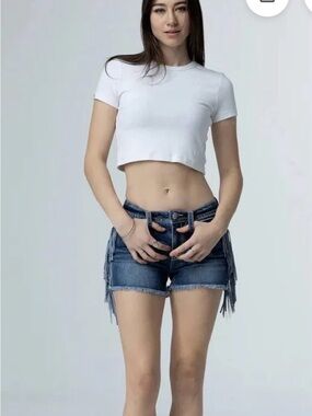 Miss Me Blue Denim Jean Shorts with Fringe